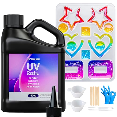 SHORE RESIN UV Resin for Jewelry Making, Crystal Clear Fast-Curing UV Resin Kit with Earring Silicone Mold & Tools for Earrings, Pendants and DIY Crafts, 500g - size: 500g