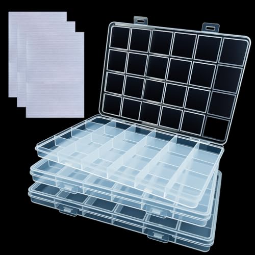 qiipii 3Pcs 24-Grid Clear Plastic Organizer White Fixed Compartment Storage Box for Rhinestones Beads, Earrings Art DIY Craft Jewelry, Diamond Accessories Small Parts, Items (7.48"L x 5.12"W x 0.6"H) - color: 24 Grids, size: 3 Pcs
