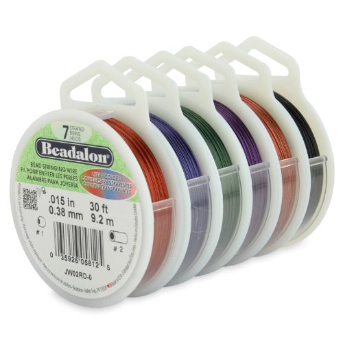 Beadalon 7 Strand Stainless Steel Bead Stringing Wire, 6-Pack, 0.015 in / 0.38 mm, Assorted Colors, 30 ft 9.2 m