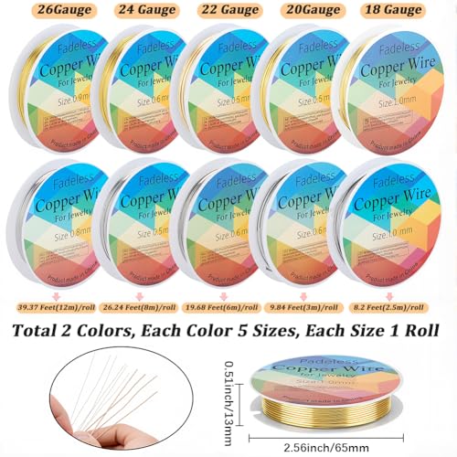Beebeecraft 206FT 10 Rolls Copper Craft Wire Jewelry Wire Roll 18/20/22/24/26 Gauge Silver Gold Round Electroculture Gardening Artwork Metal Cords for Beading Plants Crafts Projects Jewelry DIY Making