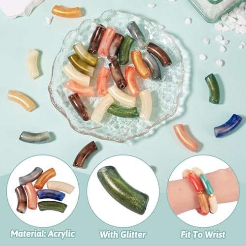 Spritewelry 30 pcs Acrylic Tube Beads for Bracelets Making Shiny Chunky Bamboo Tube Beads Noodle Curved Beads Bangle Acrylic Beads with Glitter for Jewelry Making Friendship Bangles - color: Mix Colors-Glitter