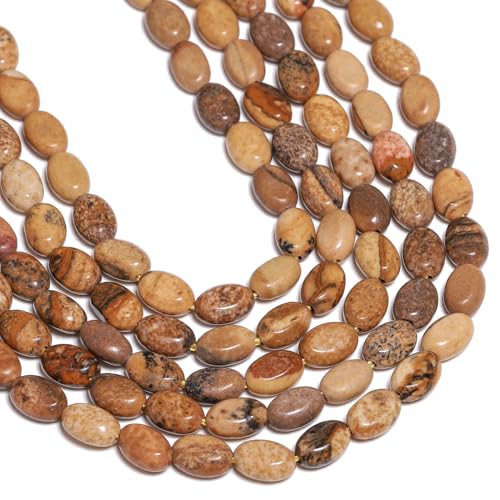 70pcs Natural Yellow Picture Stone Beads，4x6mm Egg Shape Loose Gemstone Beads for Jewelry Making Design Earring Necklace - color: picture stone