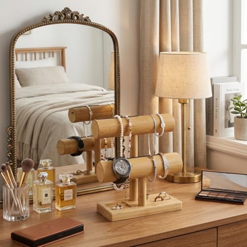 LED Bamboo Jewelry Organizer Stand - Bracelet Holder, Jewelry Organizers and Storage for Necklace, Watch, Earring, Ring - Built-in LED Light Natural Wooden Jewelry Display Stand for Dresser Decor