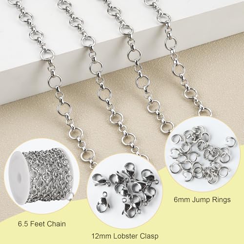 SMYHTGLIF 6.5 Feet/2 Meters Silver 304 Stainless Steel Rolo Jewelry Making Chains Bulk Unsoldered Round Link Chain with Lobster Clasps and Open Jump Rings for Jewelry Making - color: Circle Silver