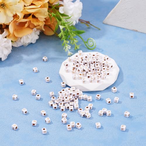 FASHEWELRY 500Pcs White Golden Letter Beads 4.5mm Square Alphabet Beads Acrylic Cube Letter F Beads for Friendship Bracelet Necklace Keychains Jewelry Making - color: Letter F