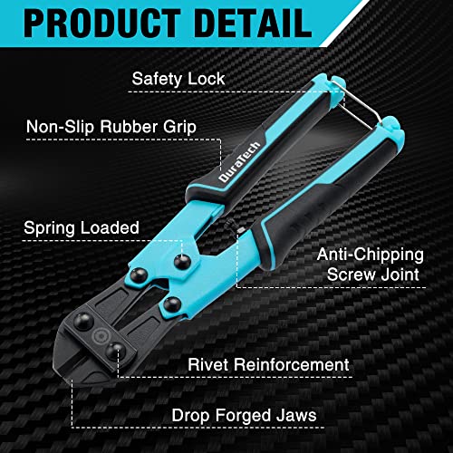 DURATECH 8-inch Mini Bolt Cutter with Bi-Material Ergonomic Handle Grip, Security Lock, Chrome Vanadium Steel Blade for Wire, Cables, Chains, Small Screws - size: 8"