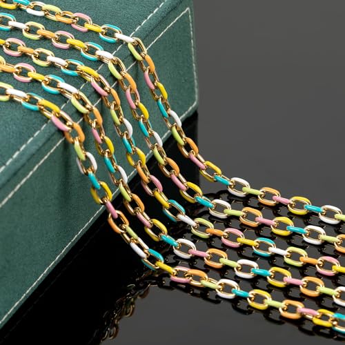 UMAOKANG 2 Yard Gold Plated Chain for Jewelry Making Stainless Steel Chains Bulk Colorful Enamel Paperclip Chain Roll with Jump Rings and Lobster Clasps - color: Light Colorful