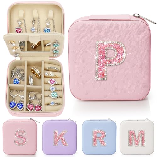 Sparkling Initial Jewelry Box Organizer,Personalized Travel Jewelry Box for Girls & Women,Glitter Rhinestone Jewelry Case Gifts for Easter, Birthday & Christmas,Small Size (Pink, P) - color: Pink, size: P