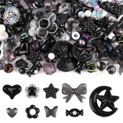 Acrylic Pastel Beads for Jewelry Making, Kalolary Black Bow Butterfly Flower Bead Kawaii Plastic Heart Bead Cute Macaroon Aesthetic Beads for Bracelet Necklace DIY (Black) - color: Black