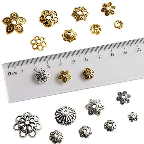 FEBSNOW About 160Pcs Spacer Beads Caps, Bali Style Mixed Tibetan Silver and Antique Gold Flower Bead Caps for Bracelet Necklace Earrings Jewelry Making Supplies - color: antique gold and tibetan silver