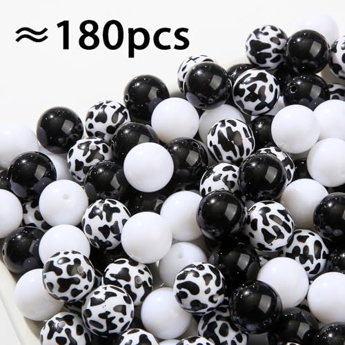 20mm Acrylic Beads 180pcs Cow Style Chunk Bubblegum Bead Black&White Beadable Pen Ball Beads for Pen Bag Jewelry Making Necklace Bracelets (Black&White) - color: black&white