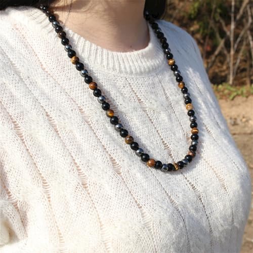 Natural Stone Beaded Necklace 8mm Tiger Eye Black Obsidian and Hematite Buddha bead lucky necklace 26 Inches, Black and Brown Men and women necklaces fift - color: Tiger eye stone, black gallstones, and hematite
