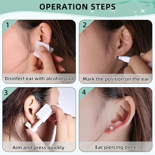Nunpag 12 Pcs Ear Piercing Kit Disposable Ear Piercing Gun Kit with 4 Pcs 6 Prong Setting Cubic Zirconia Earrings Stud 316L Stainless Steel Easy to Use at Home Self Ear Piercer Gun Kit Tool - color: Gold