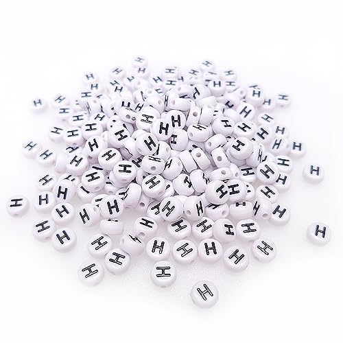 200+ Pieces 4x7mm Single H Letter Beads for Jewelry Making, White Round Acrylic Bulk Alphabet (Black on White) - size: Single Letter H 200+ Pcs