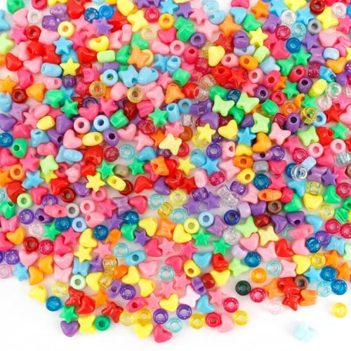 QPIXVB 1000PCS Pony Beads,Star Heart Beads for Bracelets,Shaped Pony Bead for Jewelry Making Hair Crafts,Bulk Colorful Bead,Craft DIY Bracelet Necklace Keychain Charms Jewelry Making Supplies - color: cute colored beads