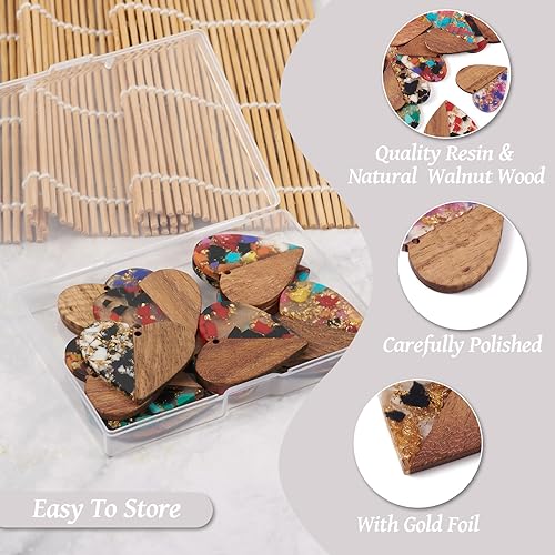 FASHEWELRY 16pc Heart Resin Wood Earrings & Charms - Gold Foil Wooden Earring Blanks & Findings for Jewelry Making - color: Heart with Gold Foil