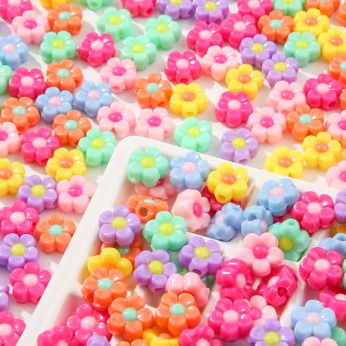 200pcs Colorful Flower Beads Rainbow Daisy Flower Beads Acrylic Beads for Jewelry Making Handmade DIY Bracelet, Charms Keychain Craft Supplies (Daisy) - color: rainbow flower