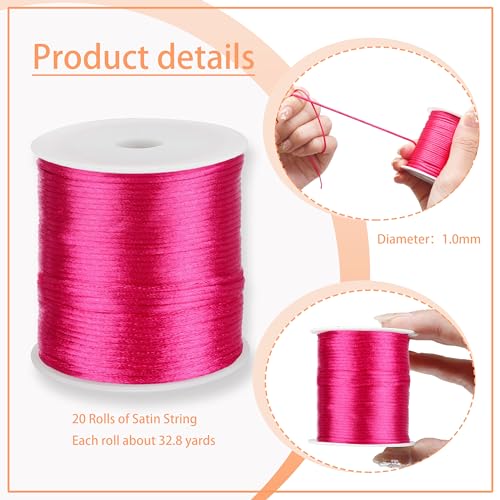 20 Rolls 656 Yards 1mm Rattail Satin Nylon Trim Cord Silk Cord Beading String for Kumihimo, Braided Bracelets, Pendants Necklace, Macrame Craft, Keychains Lanyards, Jewelry Making