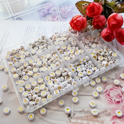 Amaney 600pcs Gold Number Beads 0-9 Symbol # Heart Acrylic Beads 7x4mm White with Storage Box - color: GoldBoxed, size: 7x4mm