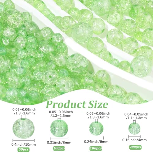 1 Box 450PCS 4/6/8/10MM Light Green Crackle Glass Beads with Holes Round Crack Smooth Patrick Sparkle Spacer Loose Bead Bulk for Jewelry Making Necklace Bracelet Earrings DIY Craft Supply - color: Green