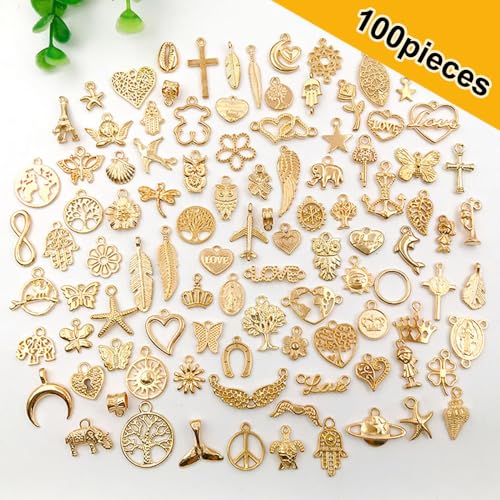 100 Pieces Jewelry Making Charms Pendants for Bracelet Bulk lot Necklace Earrings Keychain Charms Beads DIY Kit Trendy Craft - style: Gold Heart Butterfly