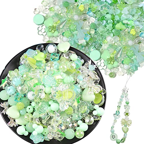 150g(170~230pcs) Aesthetic Acrylic Assorted Beads Cute Beads for Jewelry Making Kawaii Flower Heart Star Butterfly Bow Round Beads Bulk for Bracelets Making Necklaces DIY Crafts (Green) - color: 150g-Green