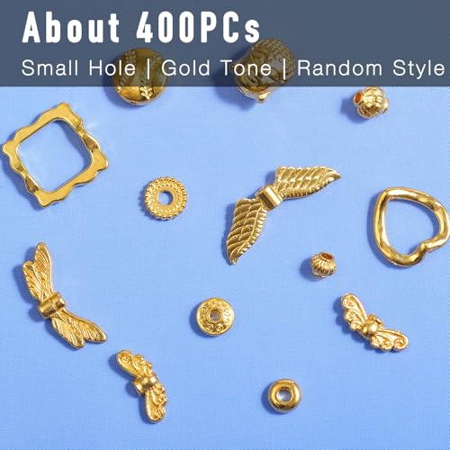 400Pcs Metal Spacer Beads for Jewelry Making, Silver & Gold Plated Findings for Bracelet, Small Hole, Mixed Style (Gold Plated) - color: Gold
