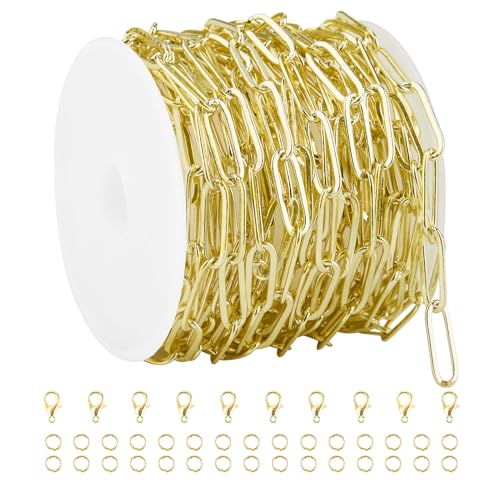 Crisjanggo 16 feet Jewelry Making Chains 14K Gold Plated Brass Paperclip Necklace Bracelet Chains for Women Men Jewelry Making with Jump Rings and Lobster Clasps - color: Paperclip Gold