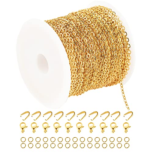 UMAOKANG 33 Feet Gold Plated Chains for Jewelry Making Flat Cable Chain Link Spool DIY Craft Earring Bracelet Necklace Chain Bulk with Lobster Clasps Jump Rings Pinch Clip Clasp - color: Gold Cross