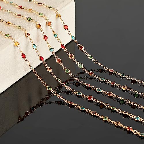 KYUNHOO 5M Colorful Crystal Rhinestones Jewelry Chain Link Gold Plated Brass Chain Bulk for Women Necklace Making Jewelry Supplies DIY Handcrafts with Lobster Clasps and Jump Rings - color: Colorful Bead-Gold