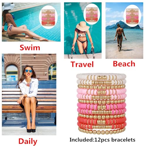 12pcs Friendship Bracelets Beaded Bracelets Heishi Bracelet Cute Bracelets Stack Vinyl Clay Disc Bead Surfer Stretch Summer Beach Bracelets For Women Preppy Bracelets - color: B-color 4