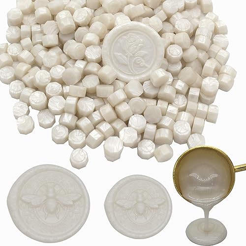 250pcs Wax Seal Beads Pearl White, Andotopee Premium Sealing Wax Beads for Stamp Seals, Octagon Seal Stamp Pellets Refill Pack for Wedding Invitation, Letter Envelope, Scrapbook DIY & Bridal Crafts - color: Pearl White