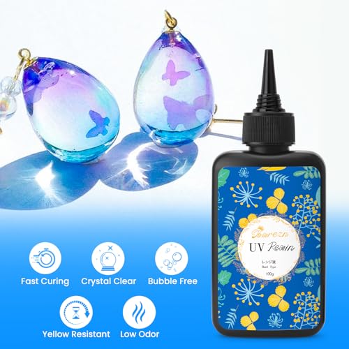 Bsrezn 200g UV Resin Kit with Upgraded Light 18 Beads, Crystal Clear Solar Activated UV Epoxy Resin for Jewelry Making (100g x 2) - size: medium light kit
