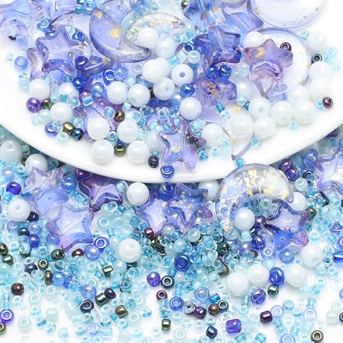 Mixed Star Moon Crystal Glass Beads Seedbeads Loose Round Pearl Beads for Jewelry Making Craft Bracelets Necklaces Earrings DIY Crafts Projects Blue Glass Spacer Bead Kits for Crafts - color: Blue