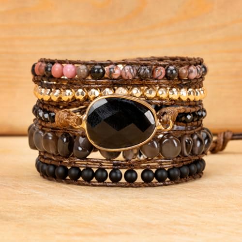 YGLINE Women Boho Handmade Natural Stone Crystal Leather Bead Wrap Bracelets Collection - color: Oynx