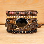 YGLINE Women Boho Handmade Natural Stone Crystal Leather Bead Wrap Bracelets Collection - color: Oynx