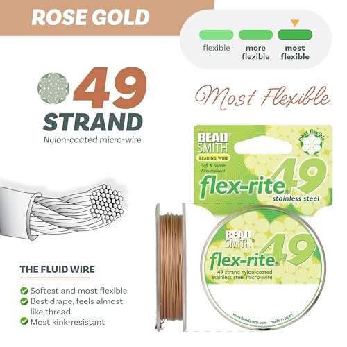 The Beadsmith Flex-Rite Beading Wire - 49-Strand Nylon-Coated Stainless-Steel Wire, 0.024" (0.60 mm) Dia, Rose Gold, 30 ft Spool, Necklace & Bracelet String, for Jewelry Making Supplies - color: Rose Gold, size: .024” Dia - 30 ft
