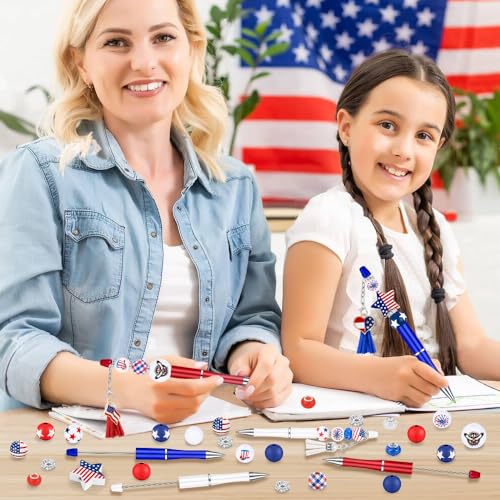 Vellibring 12 Set Independence Day Beadable Pens, 4th of July Patriotic Bead Pens with Assorted Wooden Beads Pendants for DIY Present Students Teens School Office Supplies