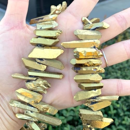 Adabele 30 Inch Natural Raw Healing Crystal Quartz Gemstone Loose Beads Small Drilled Point Gold Titanium Coated Chakra Gem Stone Drop Stick GA3 - color: Gold, size: Small Size (30 Inch/2 Strands)
