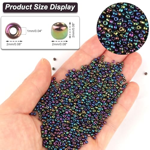 Size 2 mm 11/0 Glass Seed Beads, 10100 Pcs Small Mini Spacer Loose Pony Beads for Jewelry Making and DIY Crafts (Metallic Iris Black) - color: Metallic Iris Black, size: Small