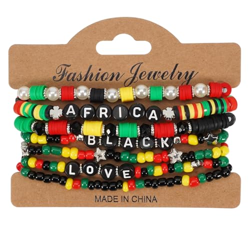COLORFUL BLING 4th of July Bracelets for Women/Juneteenth African Beaded Stackable Layered Surfer Bracelets Rasta Jamaica Jewelry - color: stars