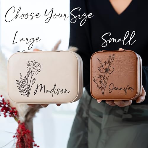 Custom Leather Jewelry Box w/Name & Birth Flower Month - Birthday Gifts for Women, Personalized Jewelry Travel Case - Customized Jewelry Organizer Box, Mom Birthday Gifts - Pink - color: Pink
