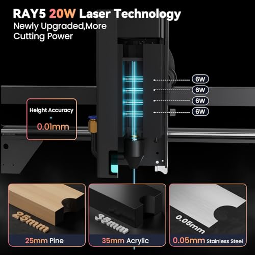 Longer RAY5 20W Laser Cutter and Laser Engraver for Tumblers, Rotary Roller Bundle, 17.3"x 17.3" Working Bed, Enclosure with Vent, and Air Pump Laser Engraver for Wood and Metal, Acrylic