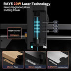 Longer RAY5 20W Laser Cutter and Laser Engraver for Tumblers, Rotary Roller Bundle, 17.3"x 17.3" Working Bed, Enclosure with Vent, and Air Pump Laser Engraver for Wood and Metal, Acrylic