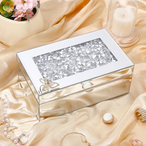 FINGERINSPIRE Glass Mirrored Jewelry Box Organizer 8.27x5.12x3.35inch Crushed Diamond Mirrored Jewelry Storage Case Rectangle Silver Diamond Organizer Box for Women Jewelry Ring Storage