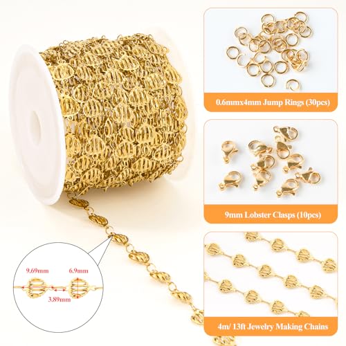 YOUBEIYEE 4 Meters Gold Plated Hollow Heart Chain for Jewelry Making Stainless Steel Link Chains Bulk on Spool - color: Heart Gold