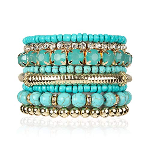 RIAH FASHION Multi Color Stretch Beaded Stackable Bracelets - Layering Bead Strand Statement Wrap Bangles - color: Natural Stone - Turquoise, size: 7.0 Inches Length
