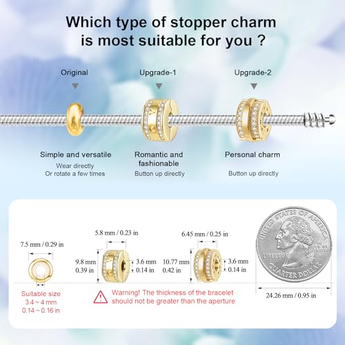 DALARAN Stopper Beads for Bracelets 925 Sterling Silver Clip Spacer Charm Bracelet Stoppers - style: Gold Clip StopCharms-Empty