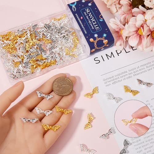 SUNNYCLUE 1 Box 150Pcs 3 Colors Metal Butterfly Bead Bulk Wing Spacer Beads Alloy Antique Golden Silver Tibetan Hollow Butterflies Wings Loose Beads for Jewelry Making Bracelet DIY Crafts Accessories
