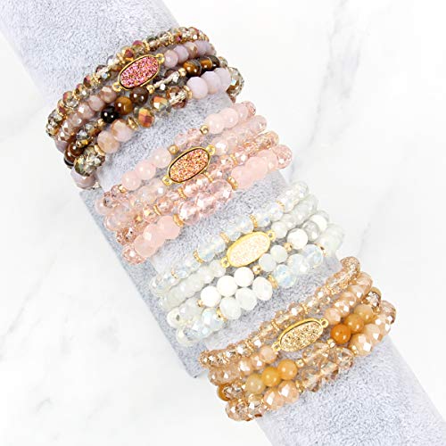 RIAH FASHION Bohemian Acrylic Druzy Multi-Layer Bead Statement Bracelet - Versatile Faux Stone Pendant Stretch Strand Stackable Cuff Bangle Set Sparkly Crystal - color: Oval Acrylic Druzy - Black